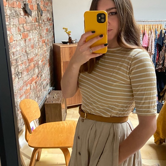 Vince | Striped Elbow Length Tee | Chamomile & White | XS - Picture 3 of 9